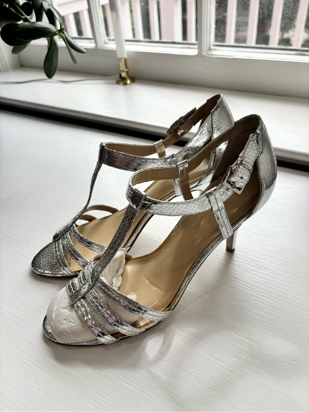 Enzo Angiolini Silver Metallic T-Strap Heels